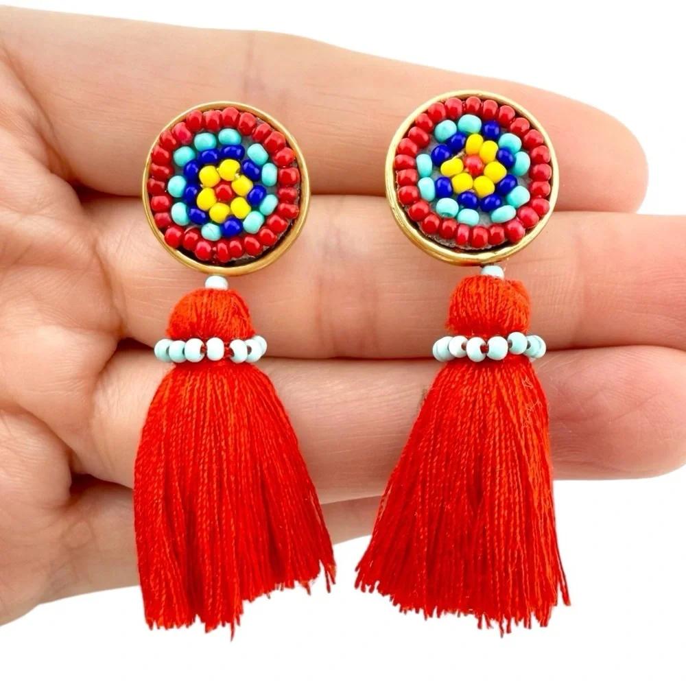 J. Crew Multicolor Beaded Red Tassel Earrings